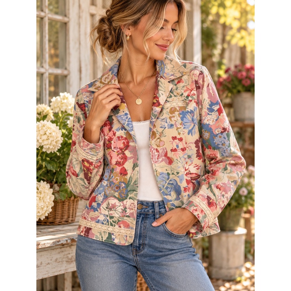 Coldwater Creek Floral Cotton Jacket Women's M Cottagecore Lace Trim Blazer